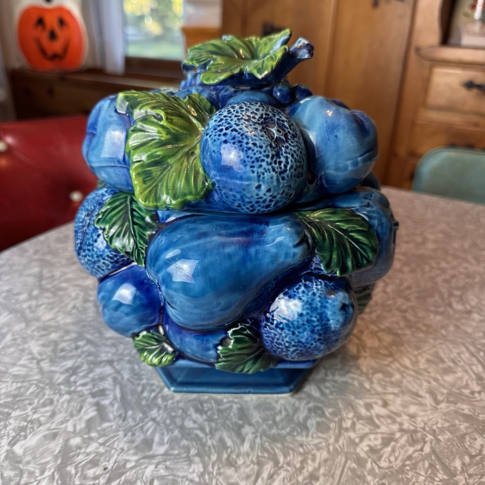 Vintage - INARCO - MOOD INDIGO BLUE - Large COOKIE JAR 9" - Fruit 1960's